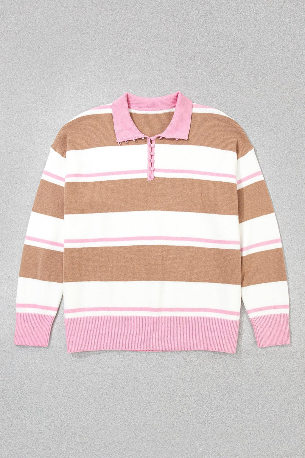 Stripe Colorblock Buttoned Collar Drop Shoulder Sweater - Rooted & Reckless Co.
