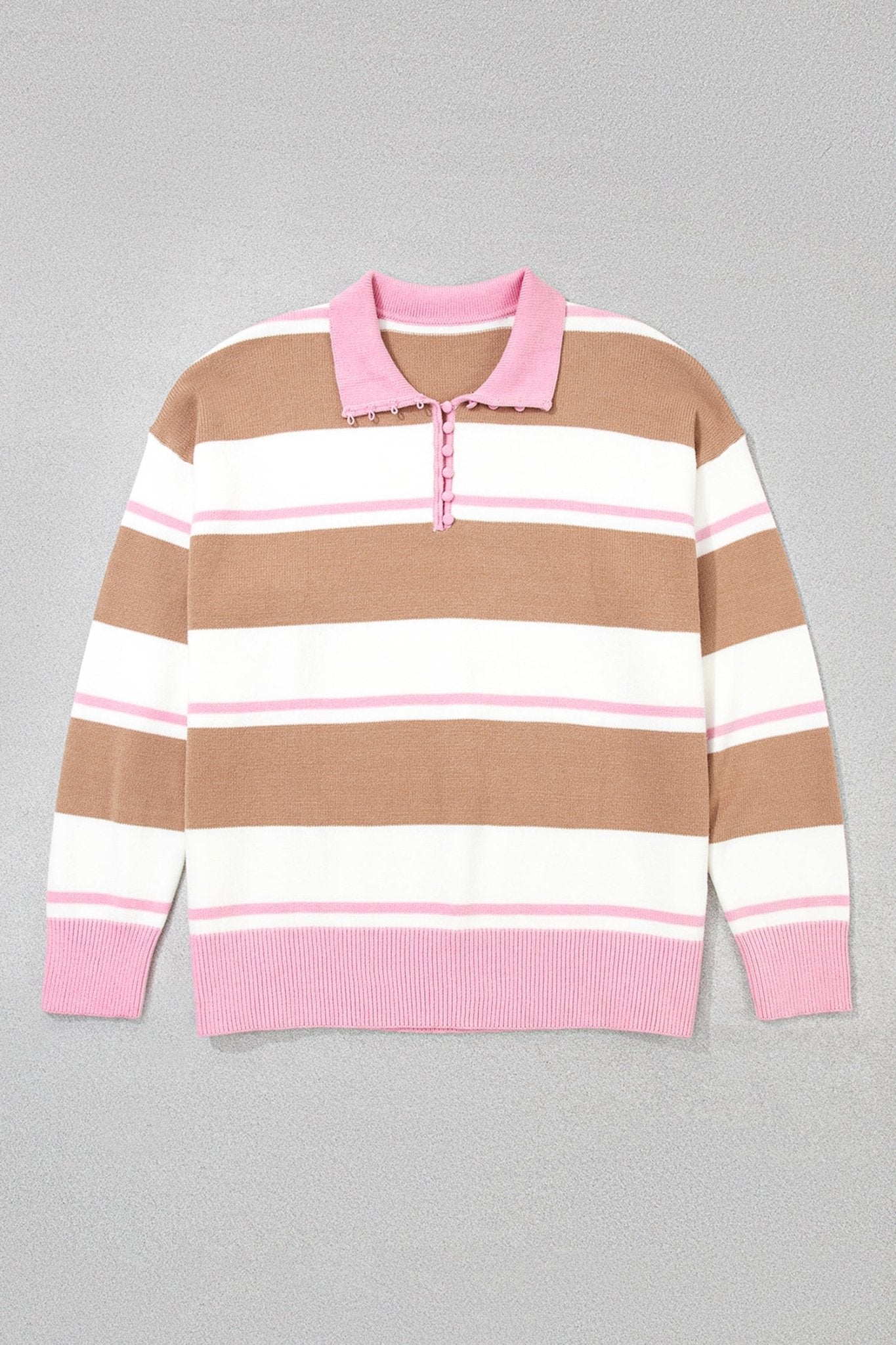 Stripe Colorblock Buttoned Collar Drop Shoulder Sweater - Rooted & Reckless Co.