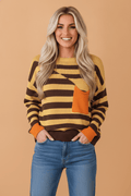 Stripe Colorblock Chest Pocket Drop Shoulder Sweater - Rooted & Reckless Co.