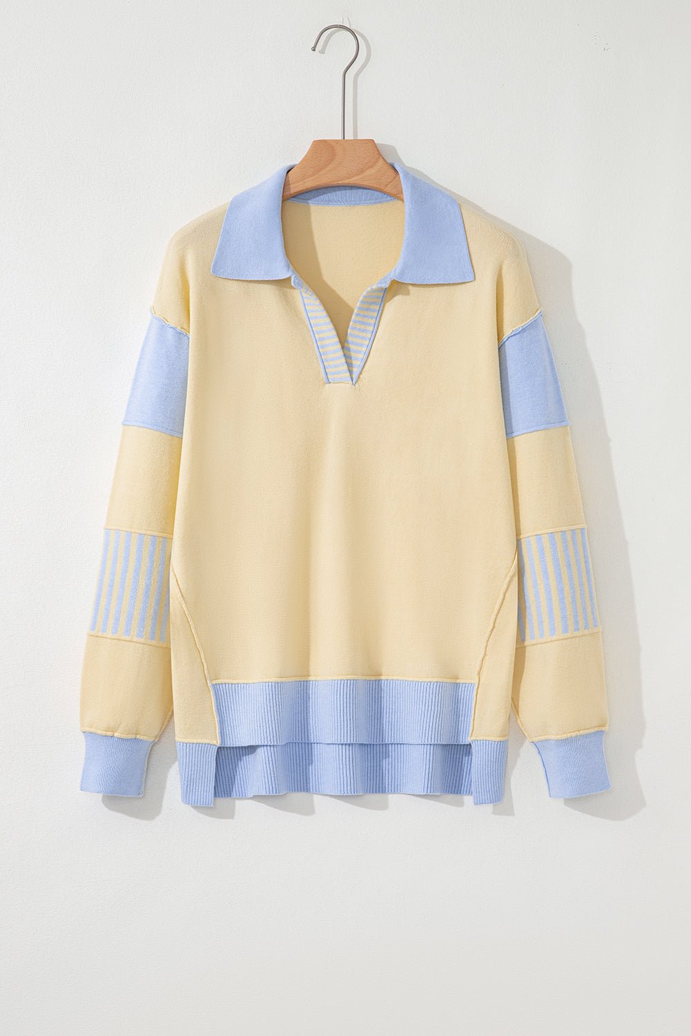 Stripe Colorblock Collared Drop Shoulder Sweater - Rooted & Reckless Co.