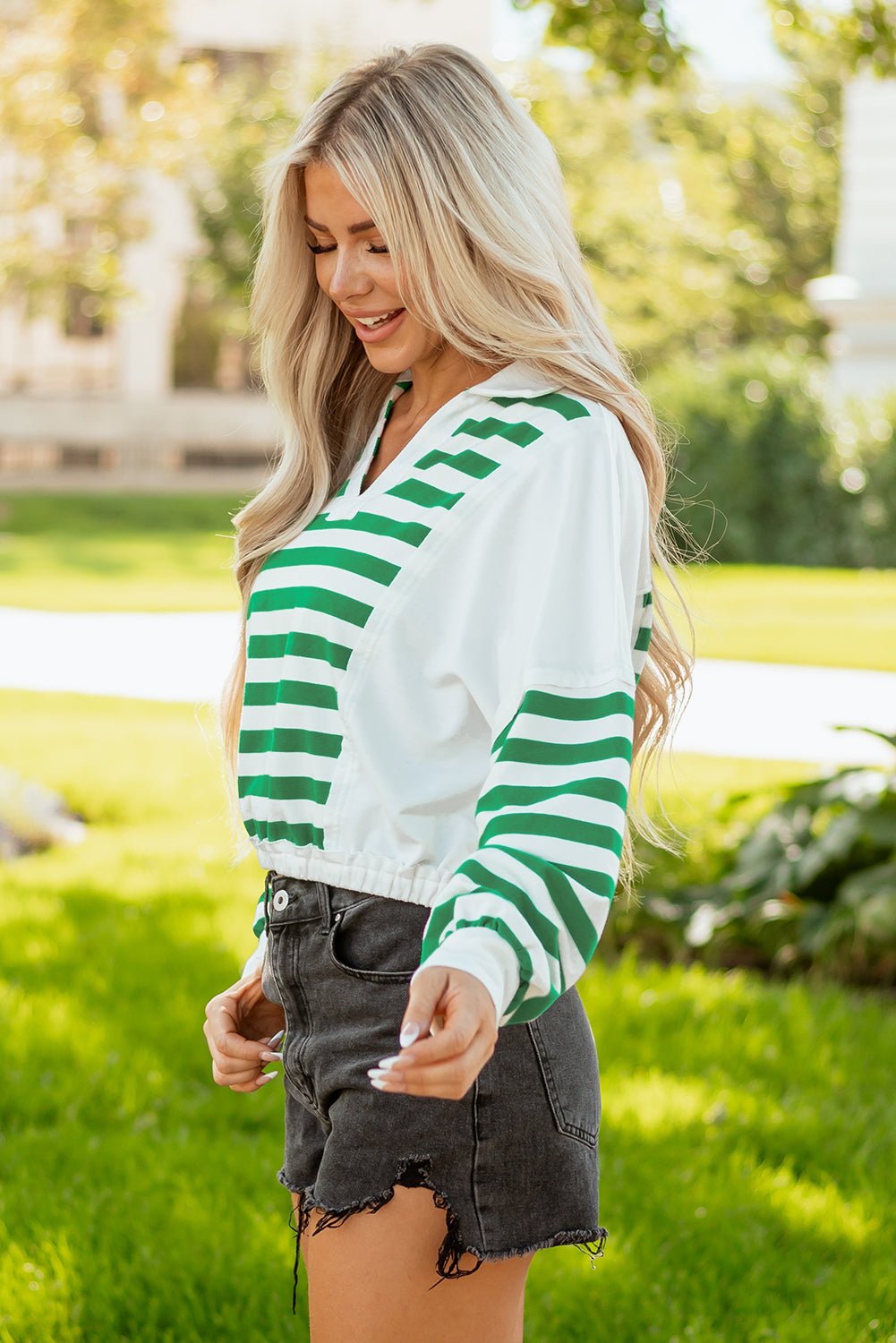 Stripe Colorblock Collared V-Neck Cropped Top - Rooted & Reckless Co.