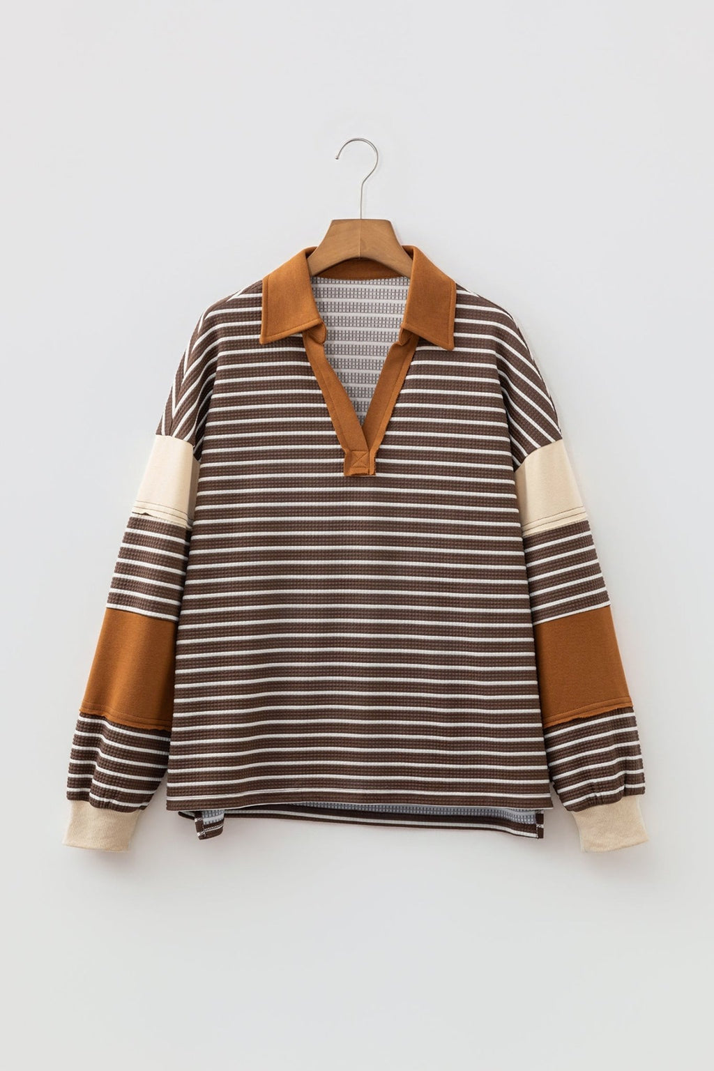 Stripe Colorblock Collared V-Neck Long Sleeve Top - Rooted & Reckless Co.