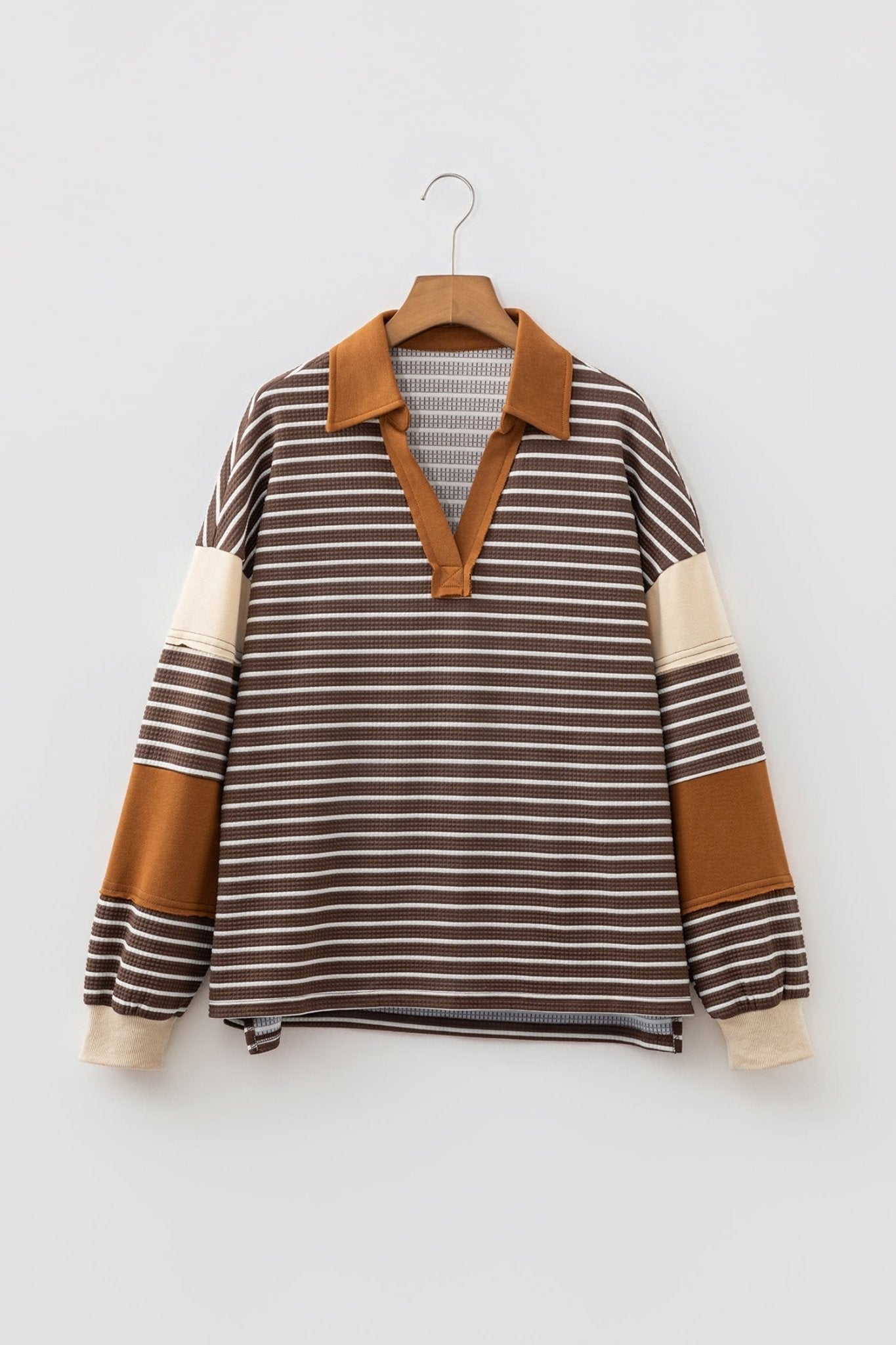Stripe Colorblock Collared V-Neck Long Sleeve Top - Rooted & Reckless Co.