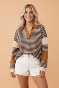 Stripe Colorblock Collared V-Neck Long Sleeve Top - Rooted & Reckless Co.