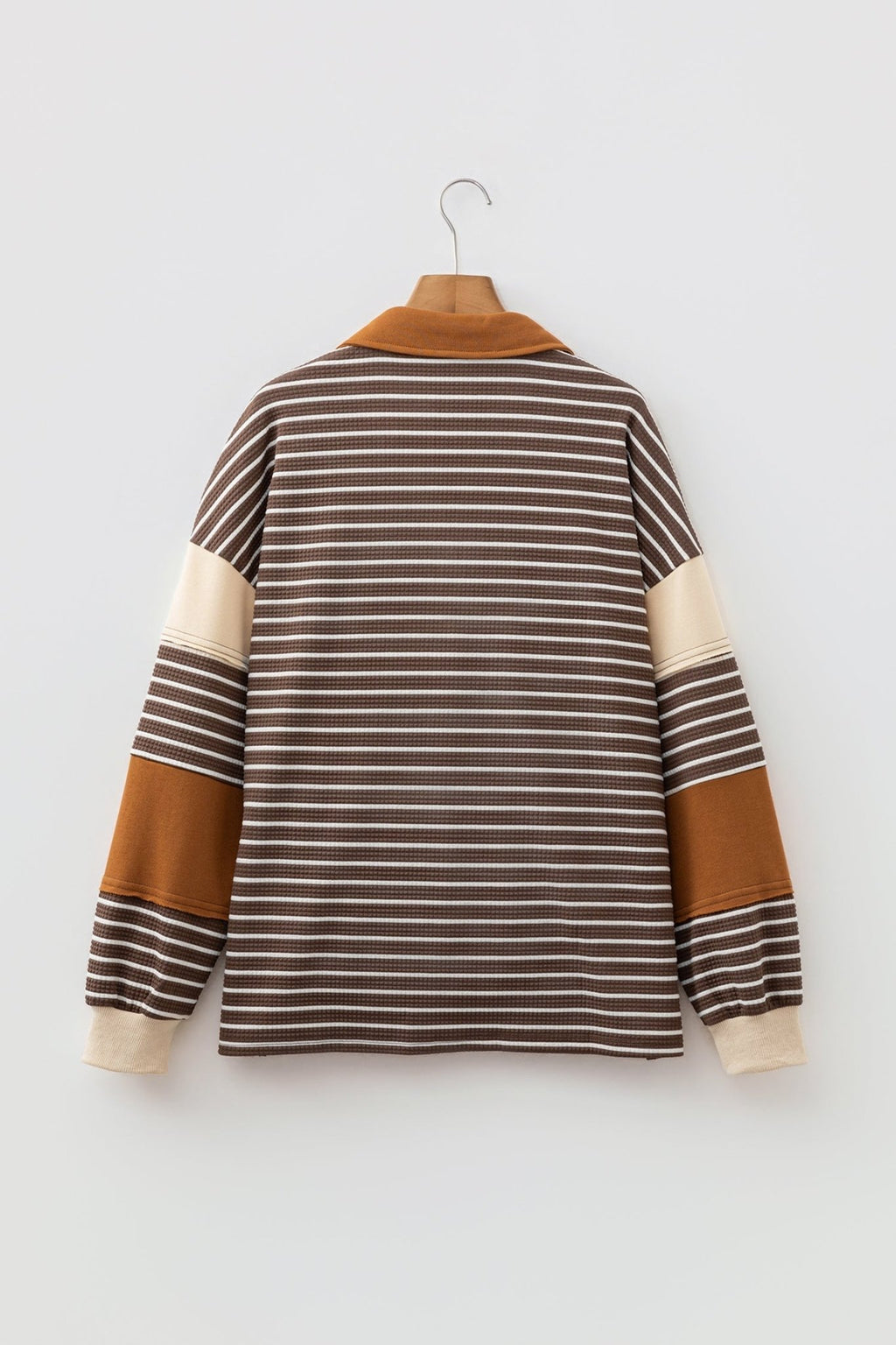 Stripe Colorblock Collared V-Neck Long Sleeve Top - Rooted & Reckless Co.