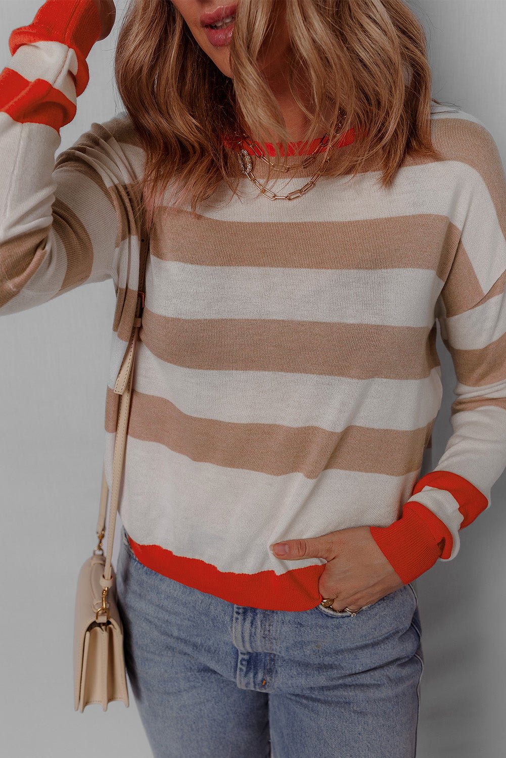 Stripe Colorblock Crewneck Drop Shoulder Sweater - Rooted & Reckless Co.