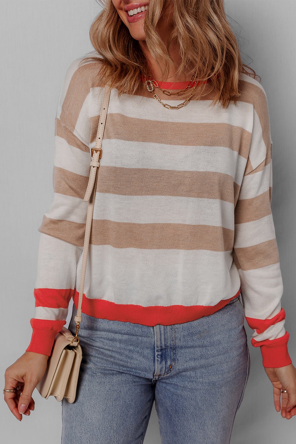 Stripe Colorblock Crewneck Drop Shoulder Sweater - Rooted & Reckless Co.