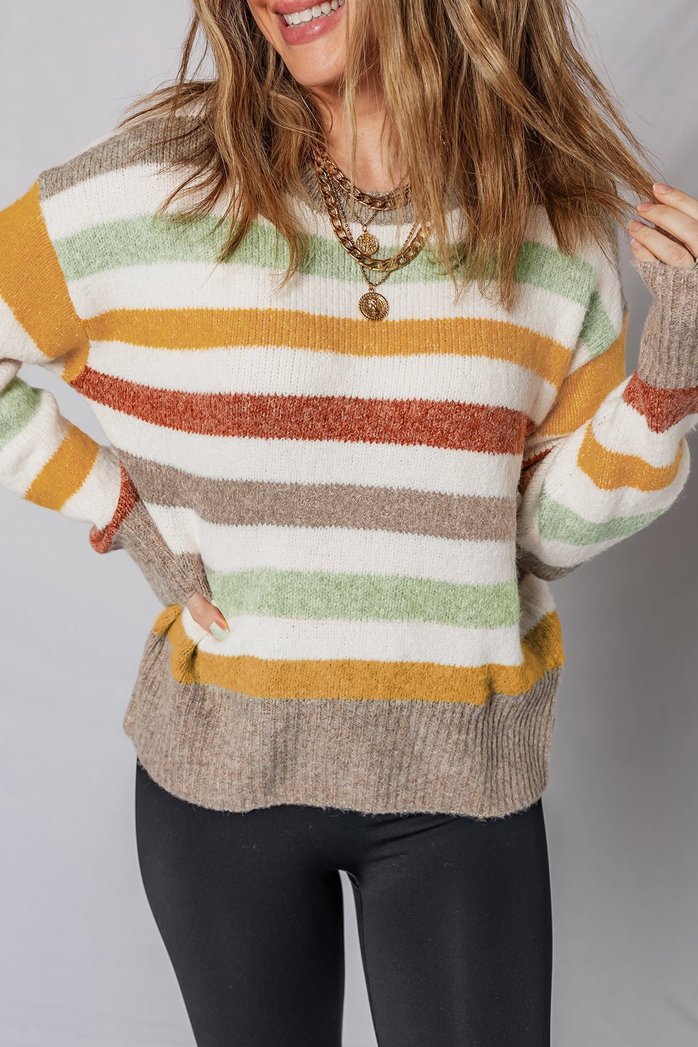 Stripe Colorblock Drop Shoulder Crewneck Sweater - Rooted & Reckless Co.