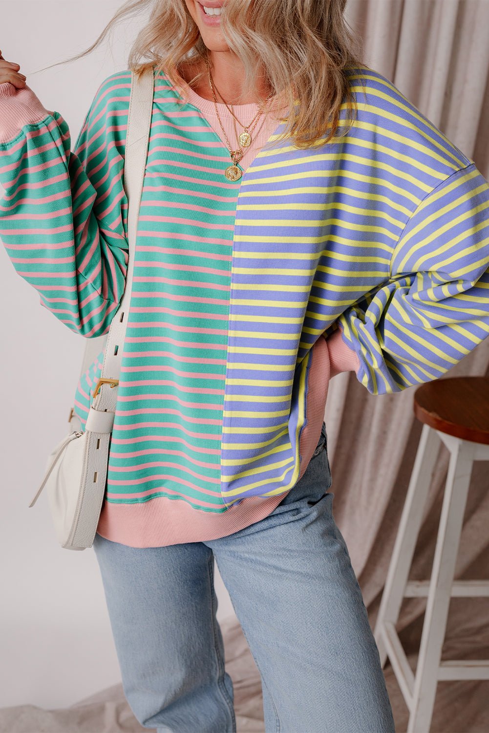 Stripe Colorblock Drop Shoulder Oversized Sweatshirt - Rooted & Reckless Co.