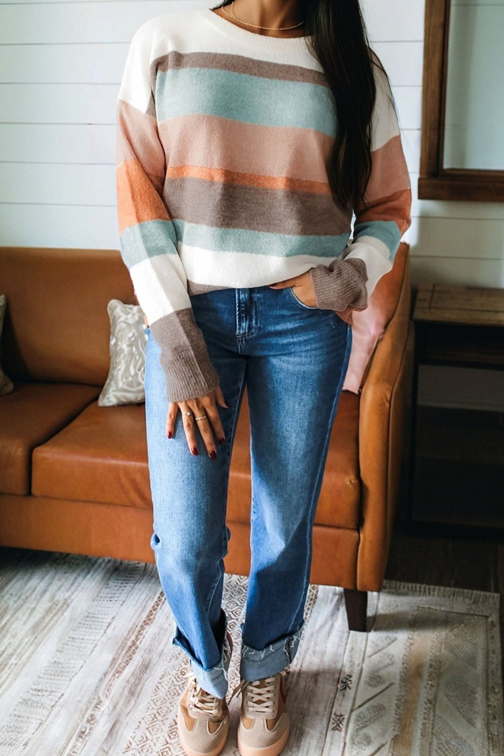 Stripe Colorblock Drop Shoulder Sweater - Rooted & Reckless Co.