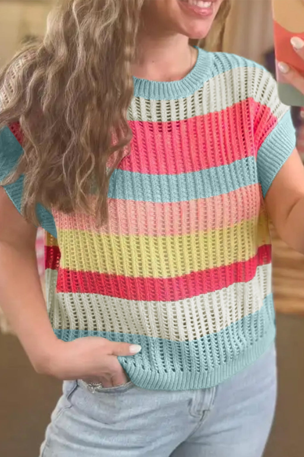 Stripe Colorblock Hollow-Out Short Sleeve Sweater - Rooted & Reckless Co.