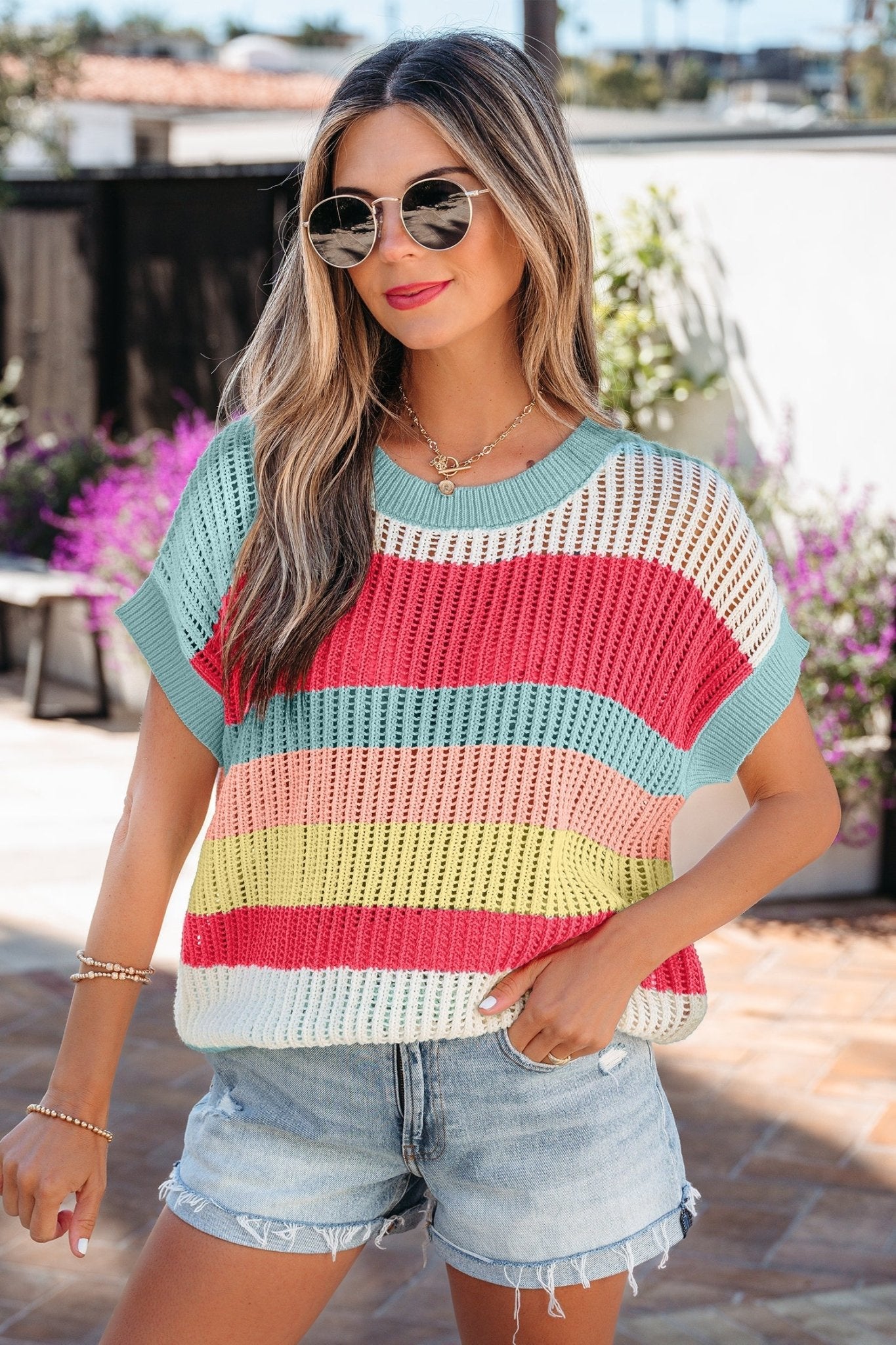 Stripe Colorblock Hollow-Out Short Sleeve Sweater - Rooted & Reckless Co.