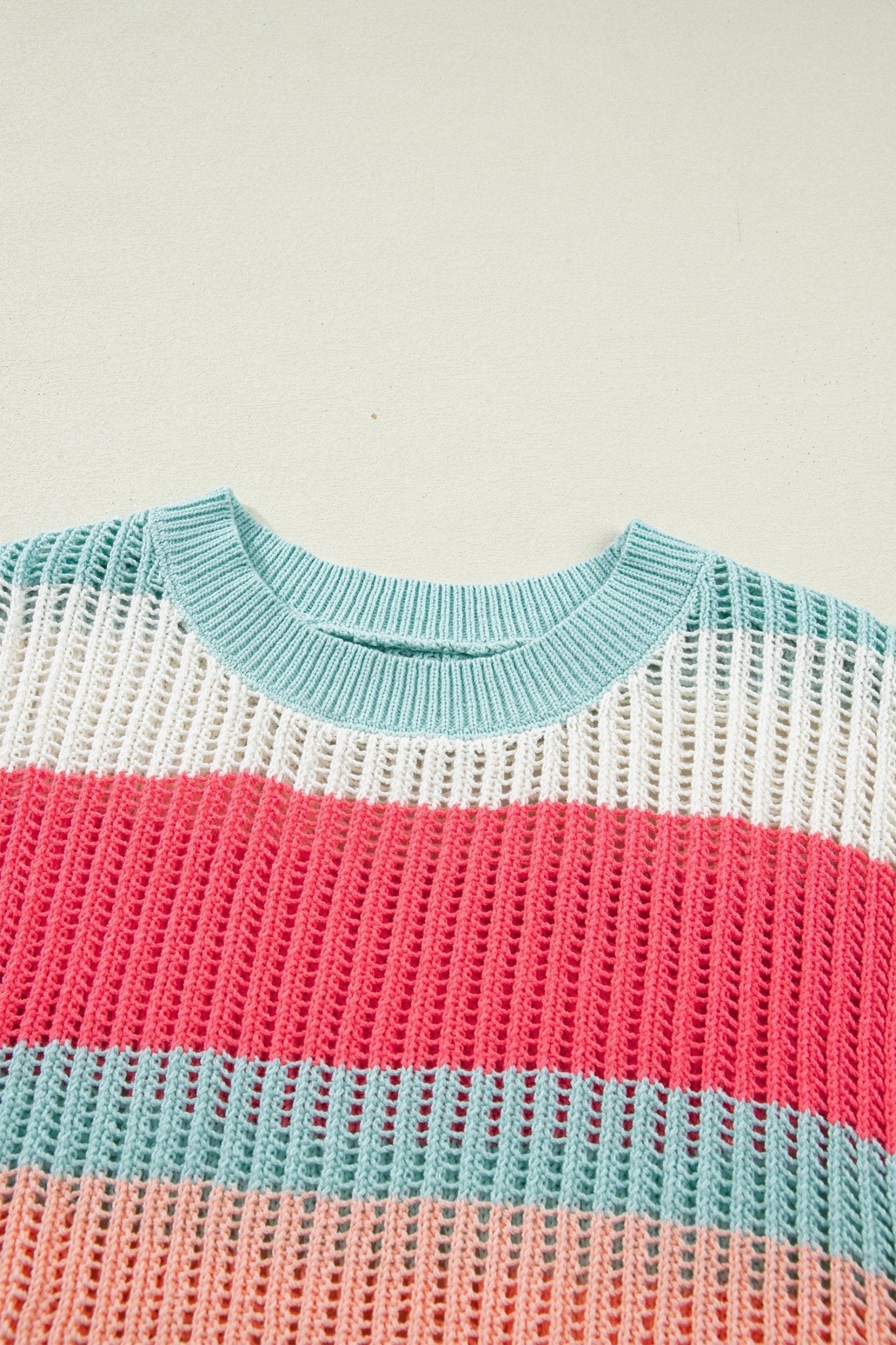 Stripe Colorblock Hollow-Out Short Sleeve Sweater - Rooted & Reckless Co.