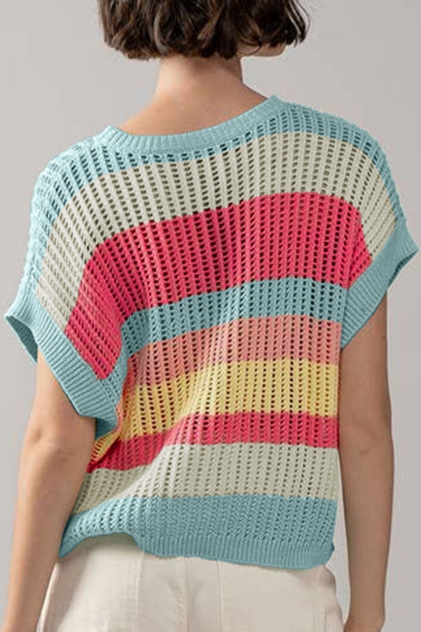 Stripe Colorblock Hollow-Out Short Sleeve Sweater - Rooted & Reckless Co.