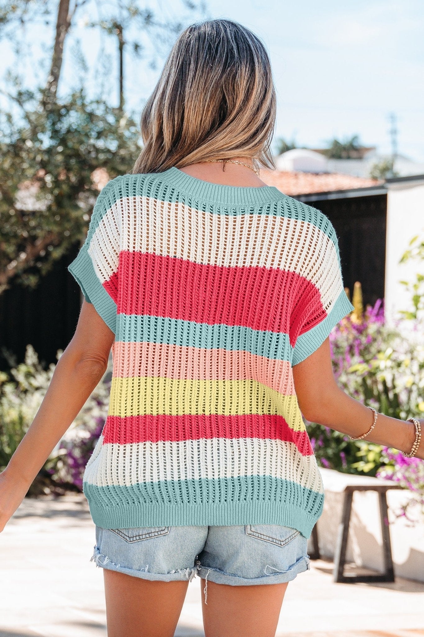 Stripe Colorblock Hollow-Out Short Sleeve Sweater - Rooted & Reckless Co.