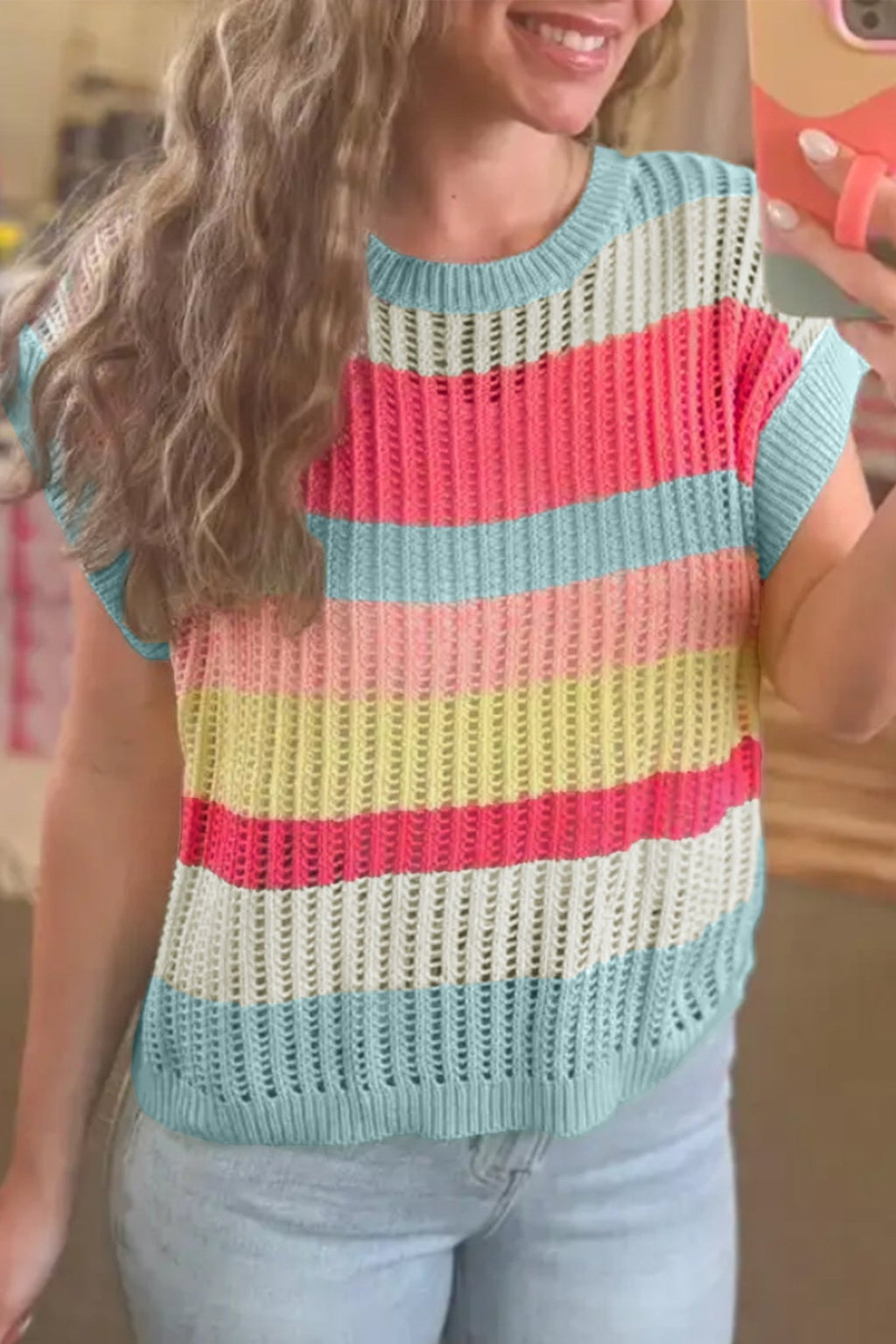 Stripe Colorblock Hollow-Out Short Sleeve Sweater - Rooted & Reckless Co.