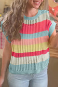 Stripe Colorblock Hollow-Out Short Sleeve Sweater - Rooted & Reckless Co.