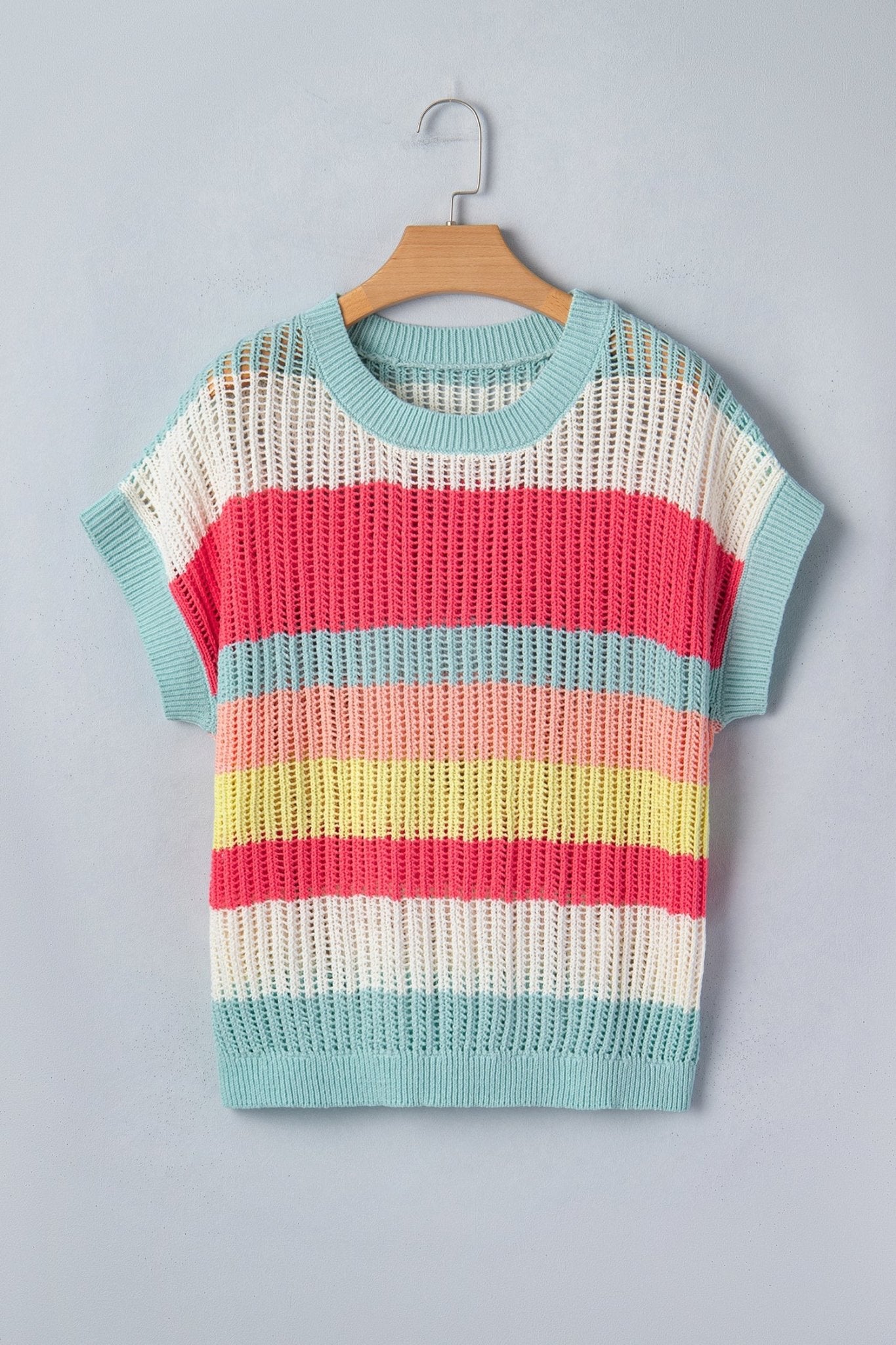 Stripe Colorblock Hollow-Out Short Sleeve Sweater - Rooted & Reckless Co.
