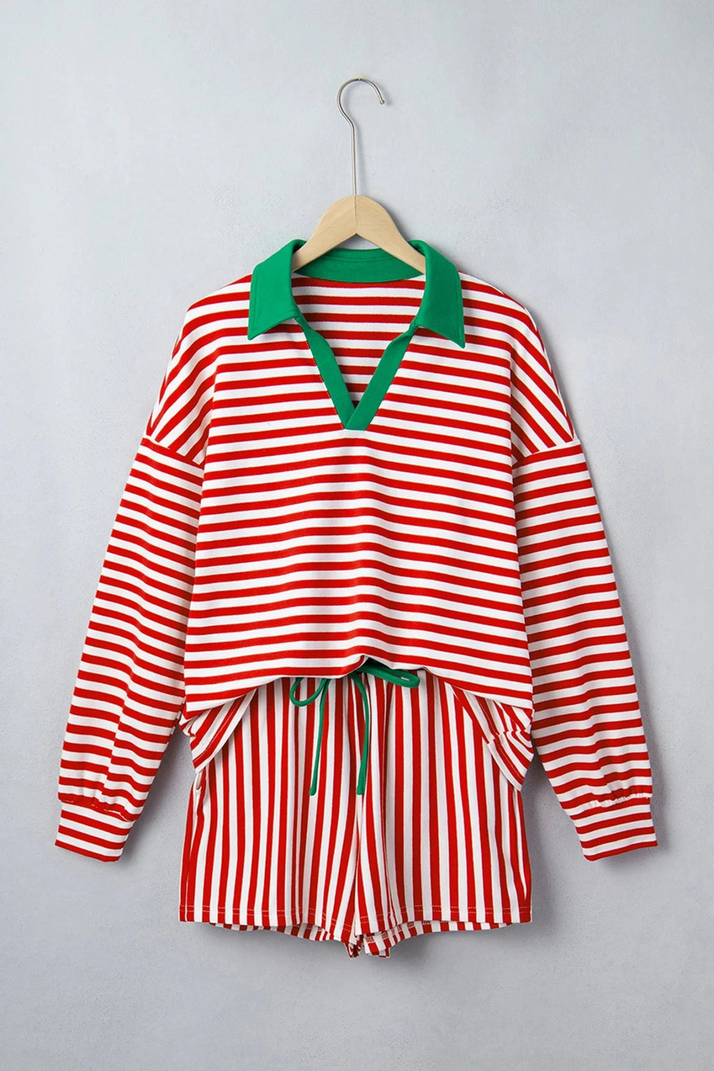 Stripe Colorblock Long Sleeve Collar Top & Shorts Set - Rooted & Reckless Co.