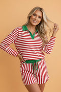 Stripe Colorblock Long Sleeve Collar Top & Shorts Set - Rooted & Reckless Co.