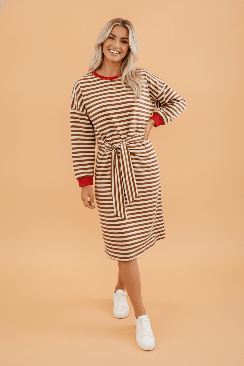 Stripe Colorblock Long Sleeve Tie Waist Dress - Rooted & Reckless Co.