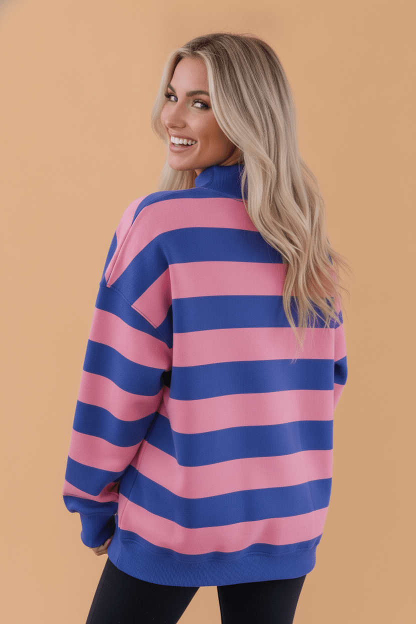 Stripe Colorblock Mock Neck Long Sleeve Sweatshirt - Rooted & Reckless Co.
