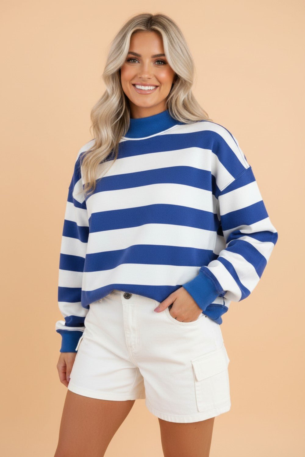 Stripe Colorblock Mock Neck Long Sleeve Sweatshirt - Rooted & Reckless Co.