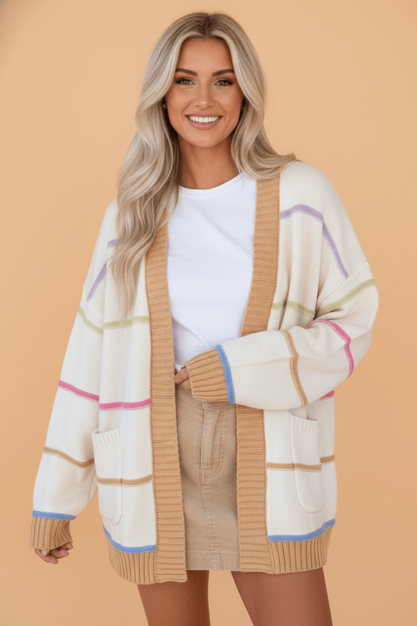 Stripe Colorblock Open Front Pocket Cardigan - Rooted & Reckless Co.