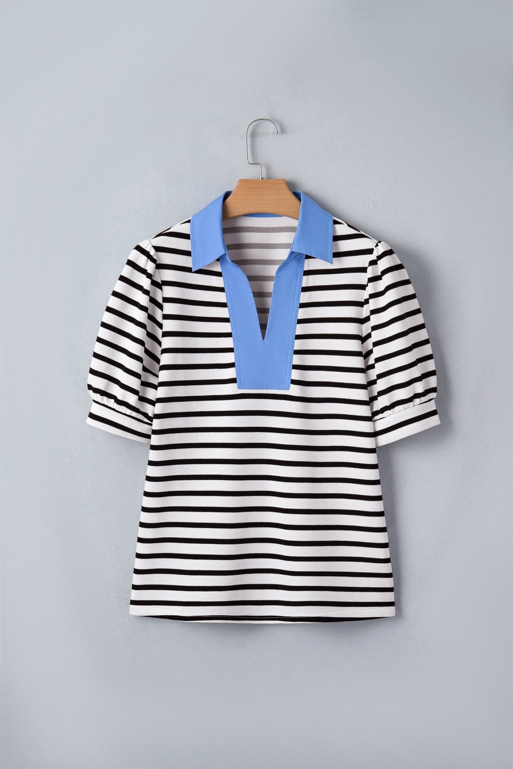 Stripe Colorblock Puff Sleeve Polo Collar Blouse - Rooted & Reckless Co.