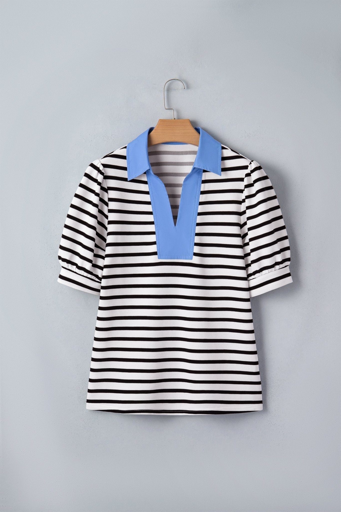 Stripe Colorblock Puff Sleeve Polo Collar Blouse - Rooted & Reckless Co.