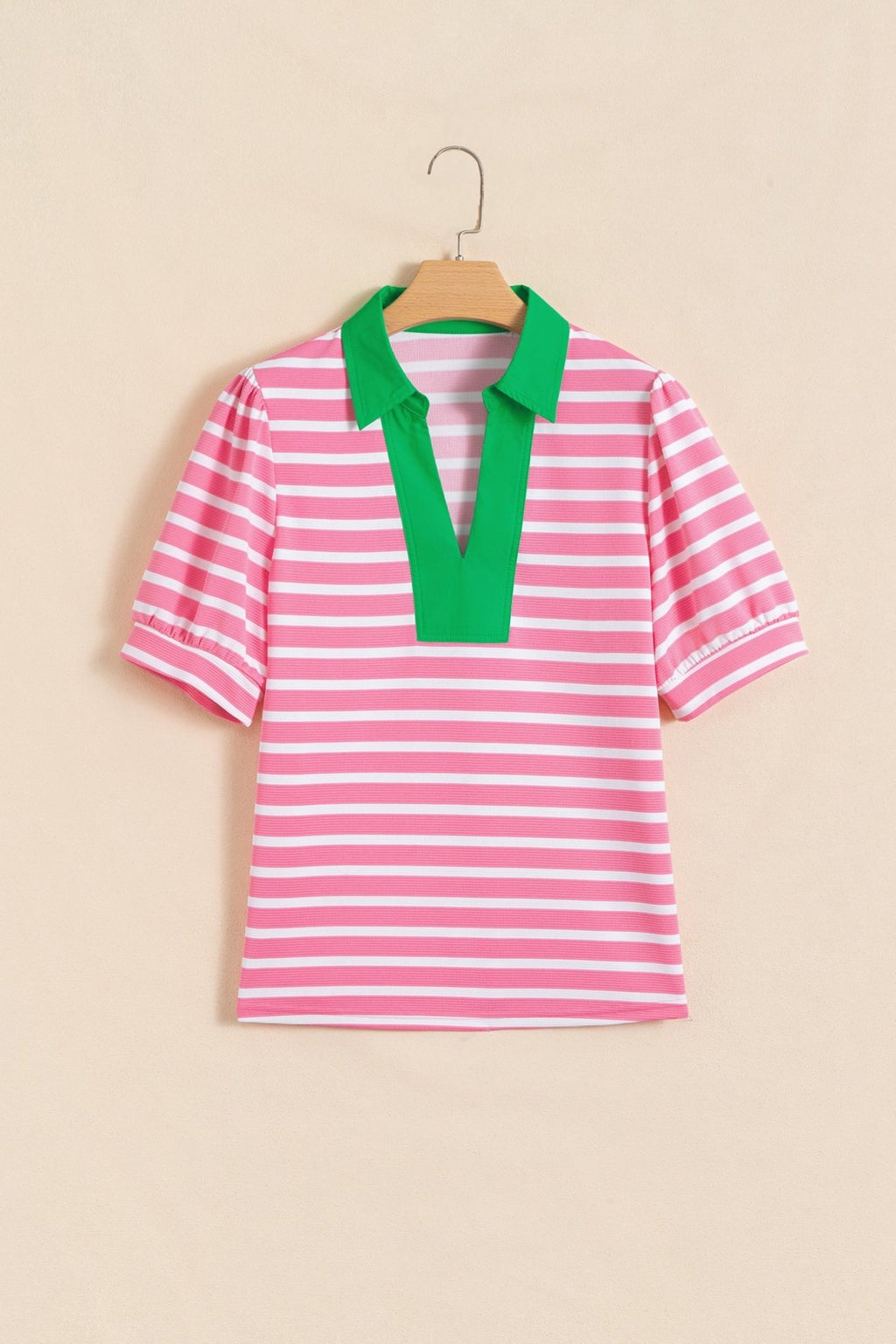 Stripe Colorblock Puff Sleeve Polo Collar Blouse - Rooted & Reckless Co.