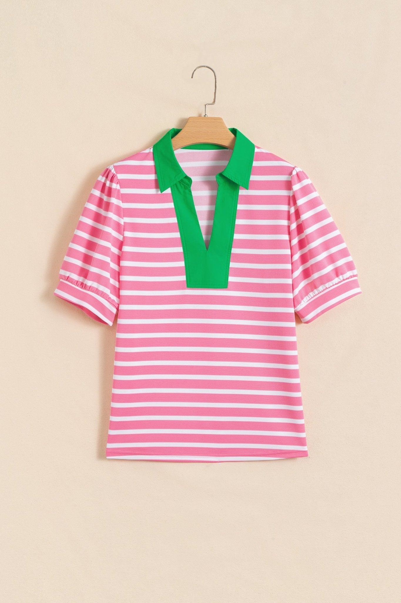 Stripe Colorblock Puff Sleeve Polo Collar Blouse - Rooted & Reckless Co.