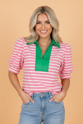 Stripe Colorblock Puff Sleeve Polo Collar Blouse - Rooted & Reckless Co.