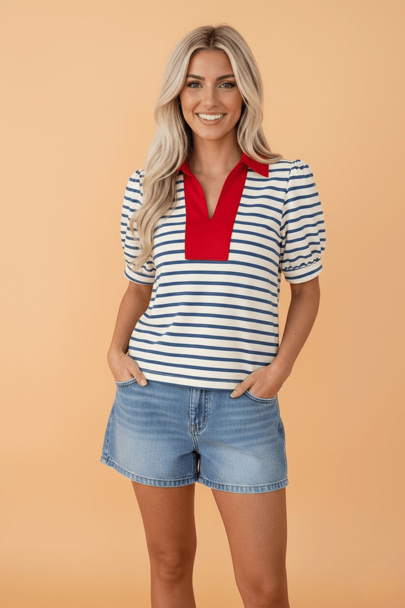 Stripe Colorblock Puff Sleeve Polo Collar Blouse - Rooted & Reckless Co.