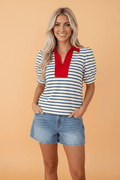 Stripe Colorblock Puff Sleeve Polo Collar Blouse - Rooted & Reckless Co.