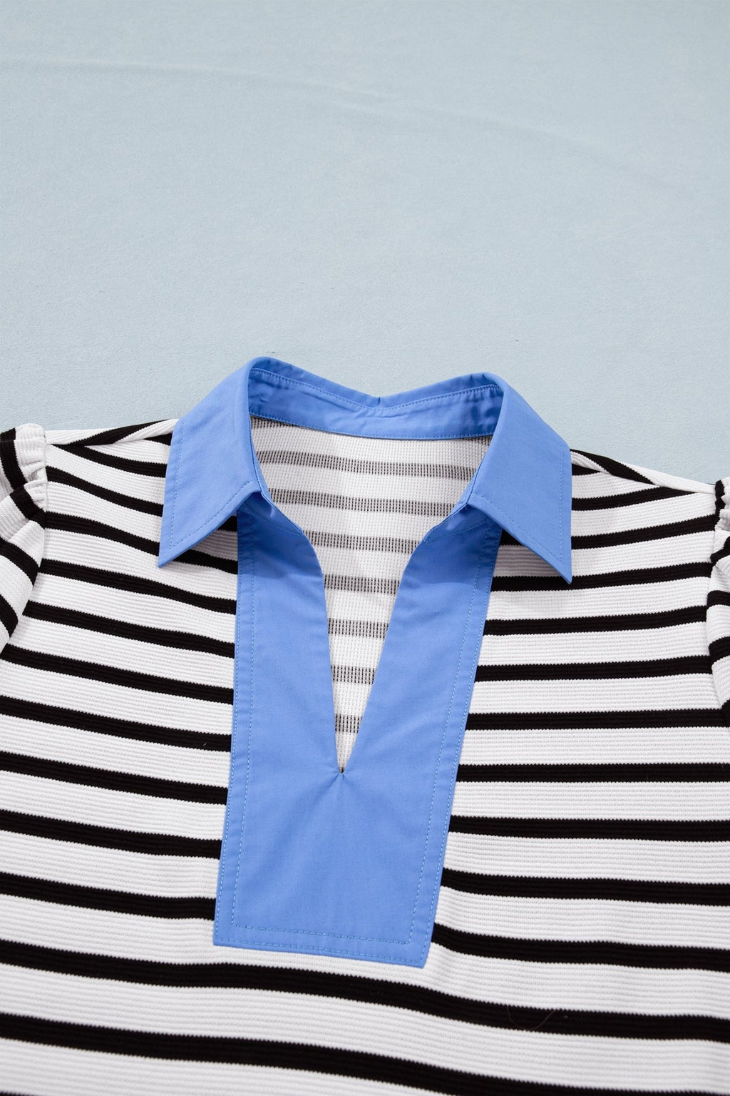 Stripe Colorblock Puff Sleeve Polo Collar Blouse - Rooted & Reckless Co.