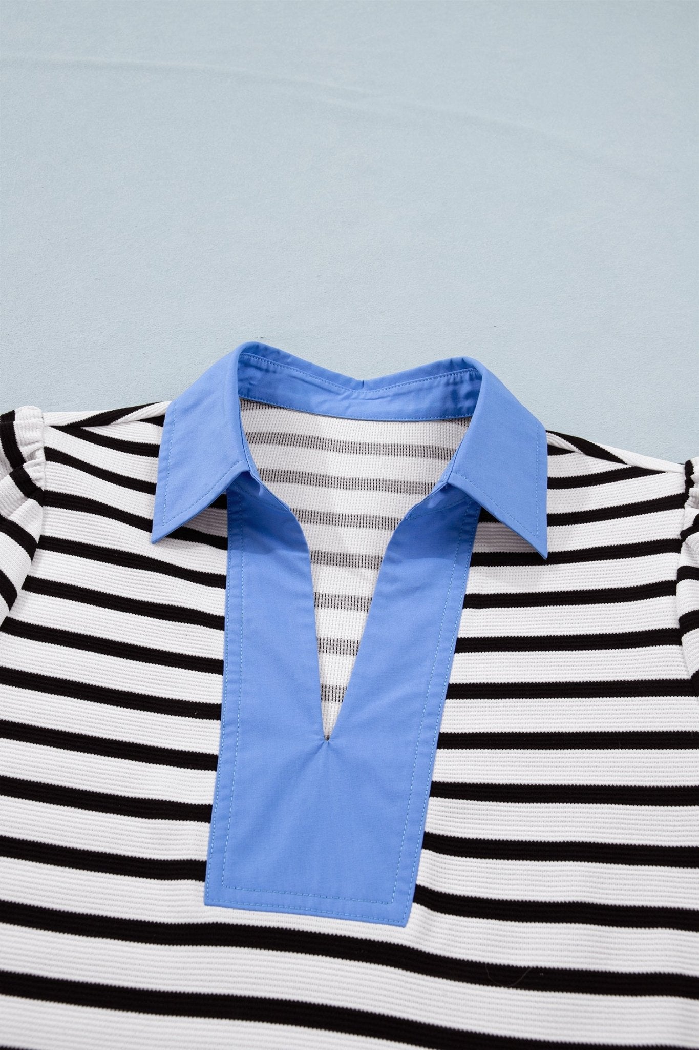 Stripe Colorblock Puff Sleeve Polo Collar Blouse - Rooted & Reckless Co.
