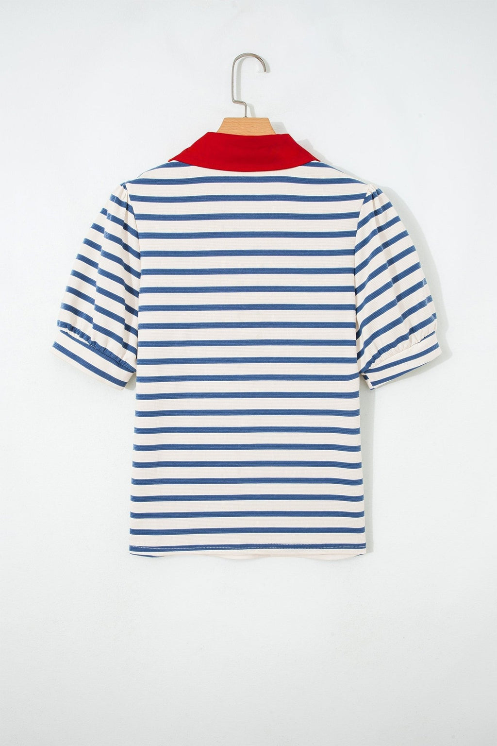 Stripe Colorblock Puff Sleeve Polo Collar Blouse - Rooted & Reckless Co.