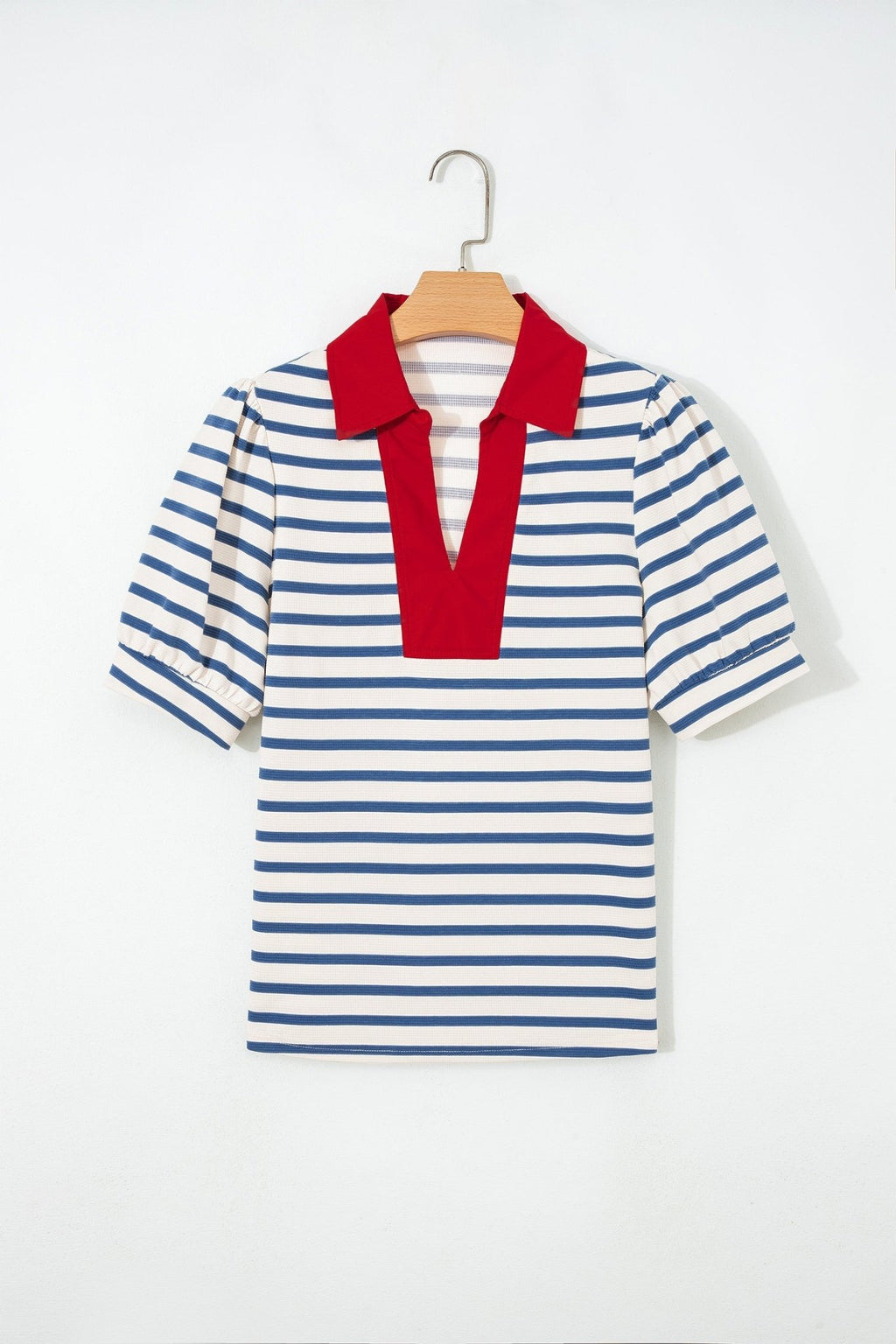 Stripe Colorblock Puff Sleeve Polo Collar Blouse - Rooted & Reckless Co.