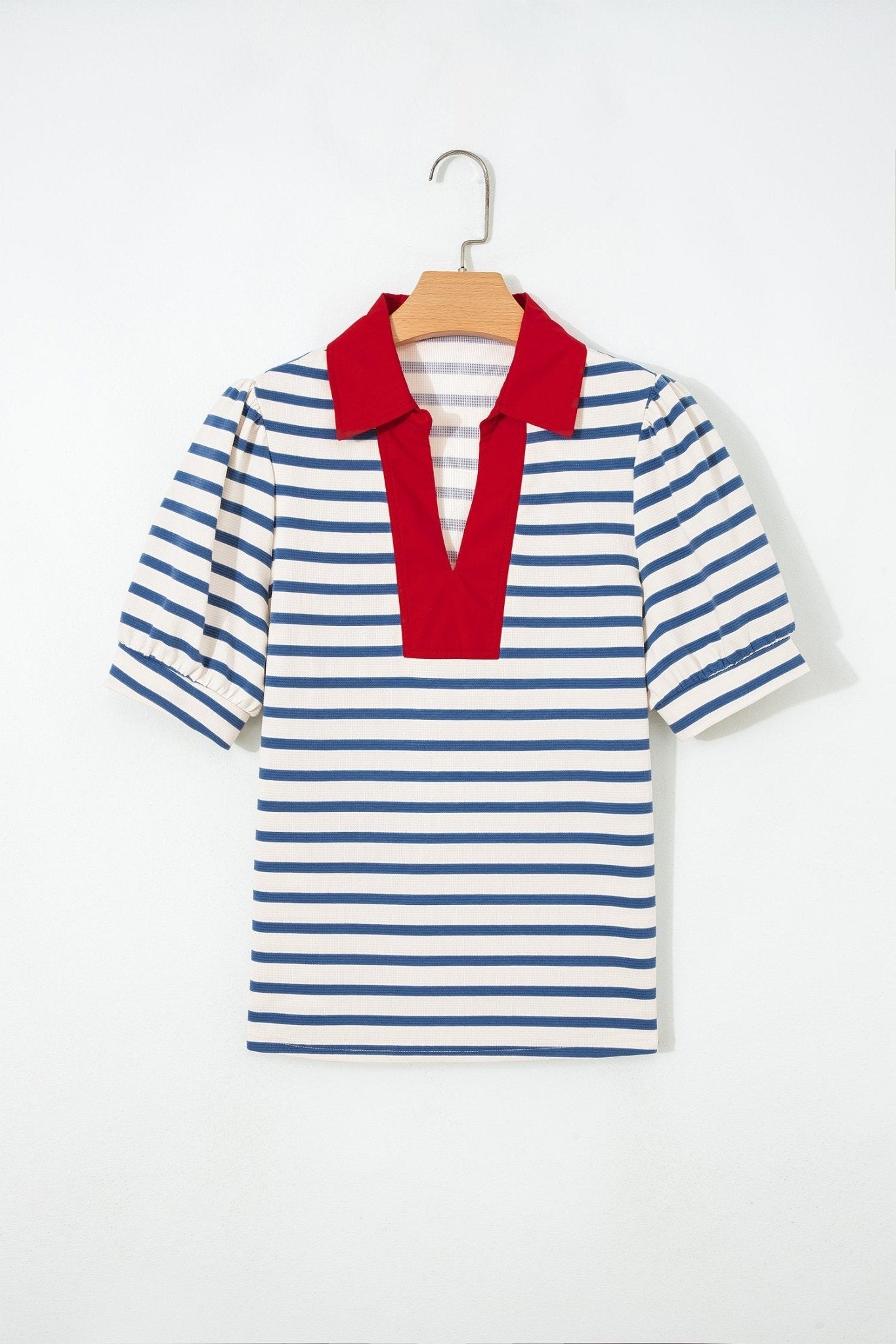 Stripe Colorblock Puff Sleeve Polo Collar Blouse - Rooted & Reckless Co.