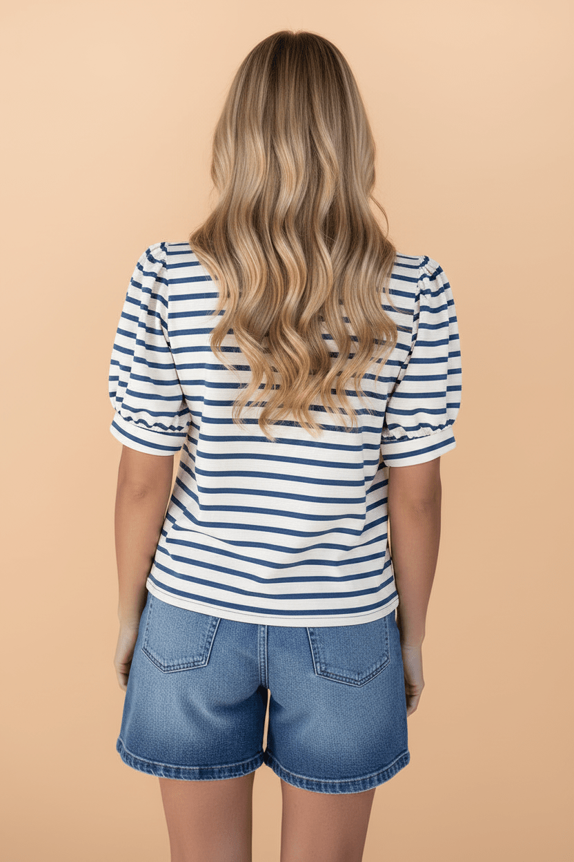 Stripe Colorblock Puff Sleeve Polo Collar Blouse - Rooted & Reckless Co.
