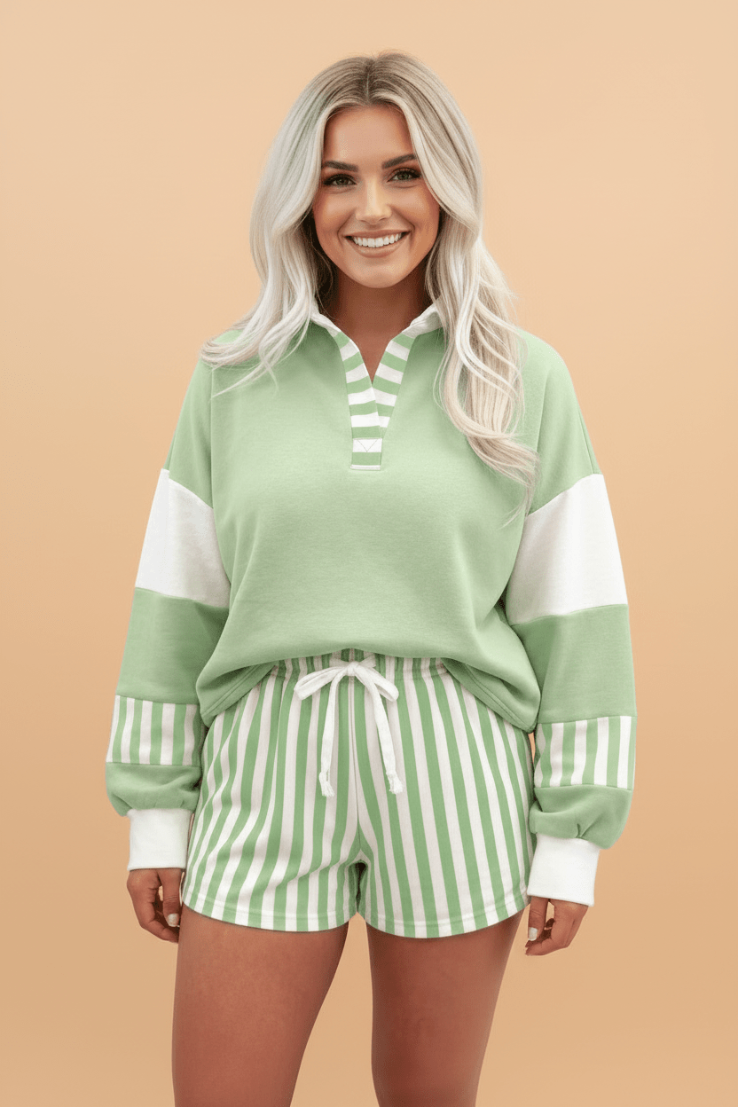 Stripe Colorblock Pullover Top & Drawstring Shorts Set - Rooted & Reckless Co.