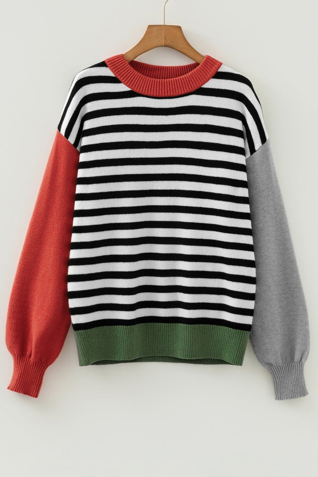 Stripe Colorblock Ribbed Trim Long Sleeve Sweater - Rooted & Reckless Co.