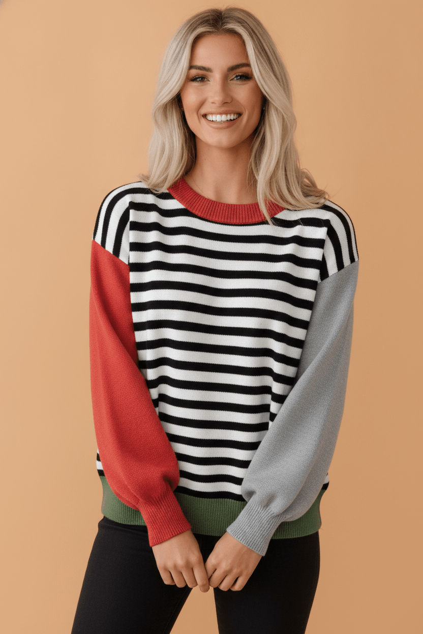 Stripe Colorblock Ribbed Trim Long Sleeve Sweater - Rooted & Reckless Co.