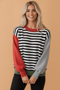 Stripe Colorblock Ribbed Trim Long Sleeve Sweater - Rooted & Reckless Co.