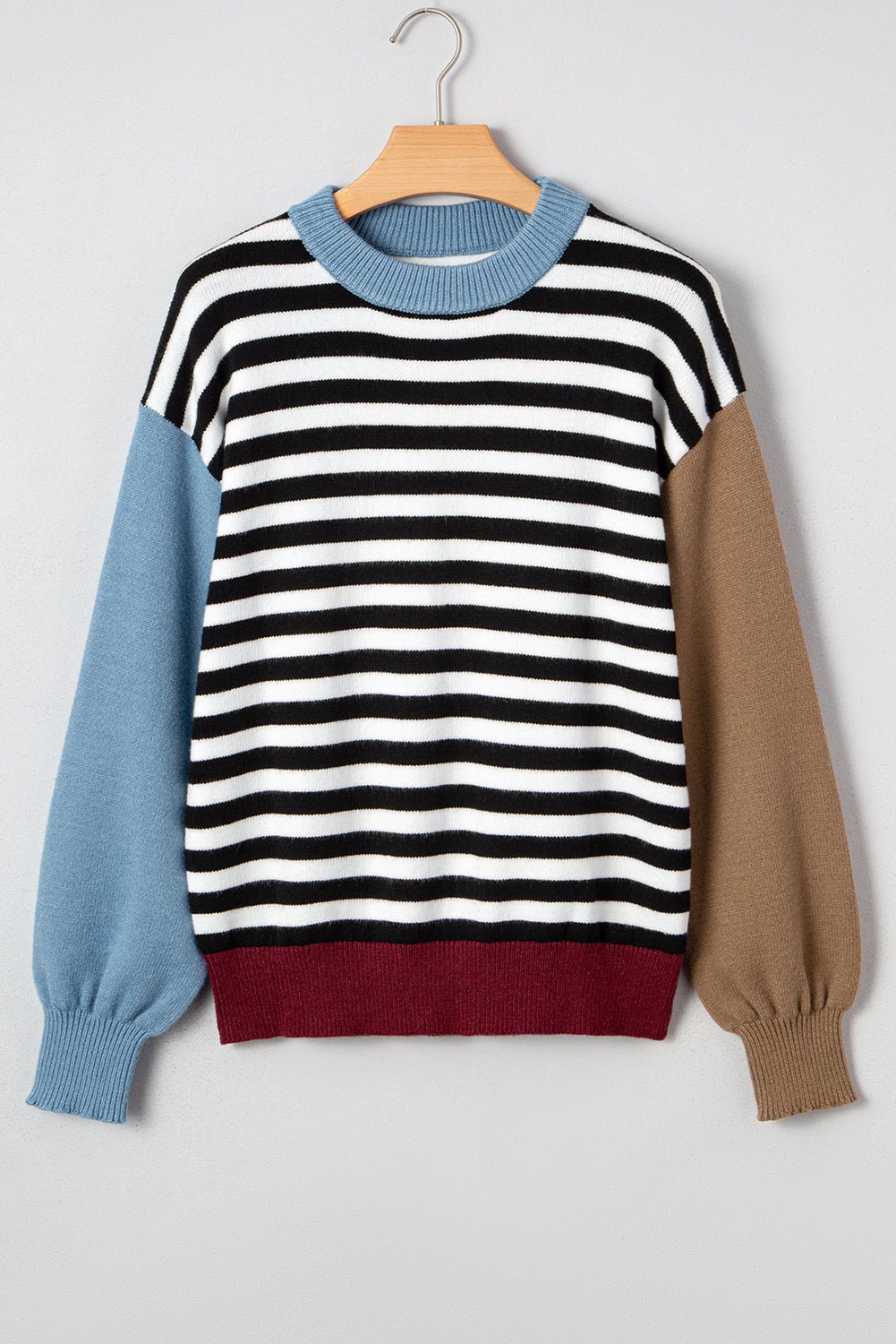 Stripe Colorblock Ribbed Trim Long Sleeve Sweater - Rooted & Reckless Co.