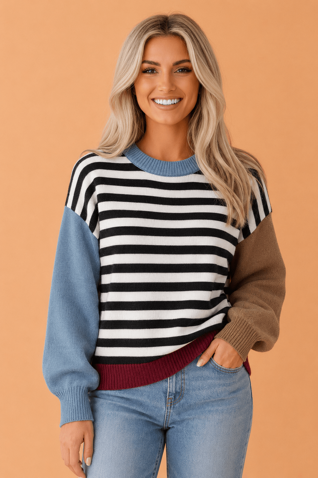 Stripe Colorblock Ribbed Trim Long Sleeve Sweater - Rooted & Reckless Co.