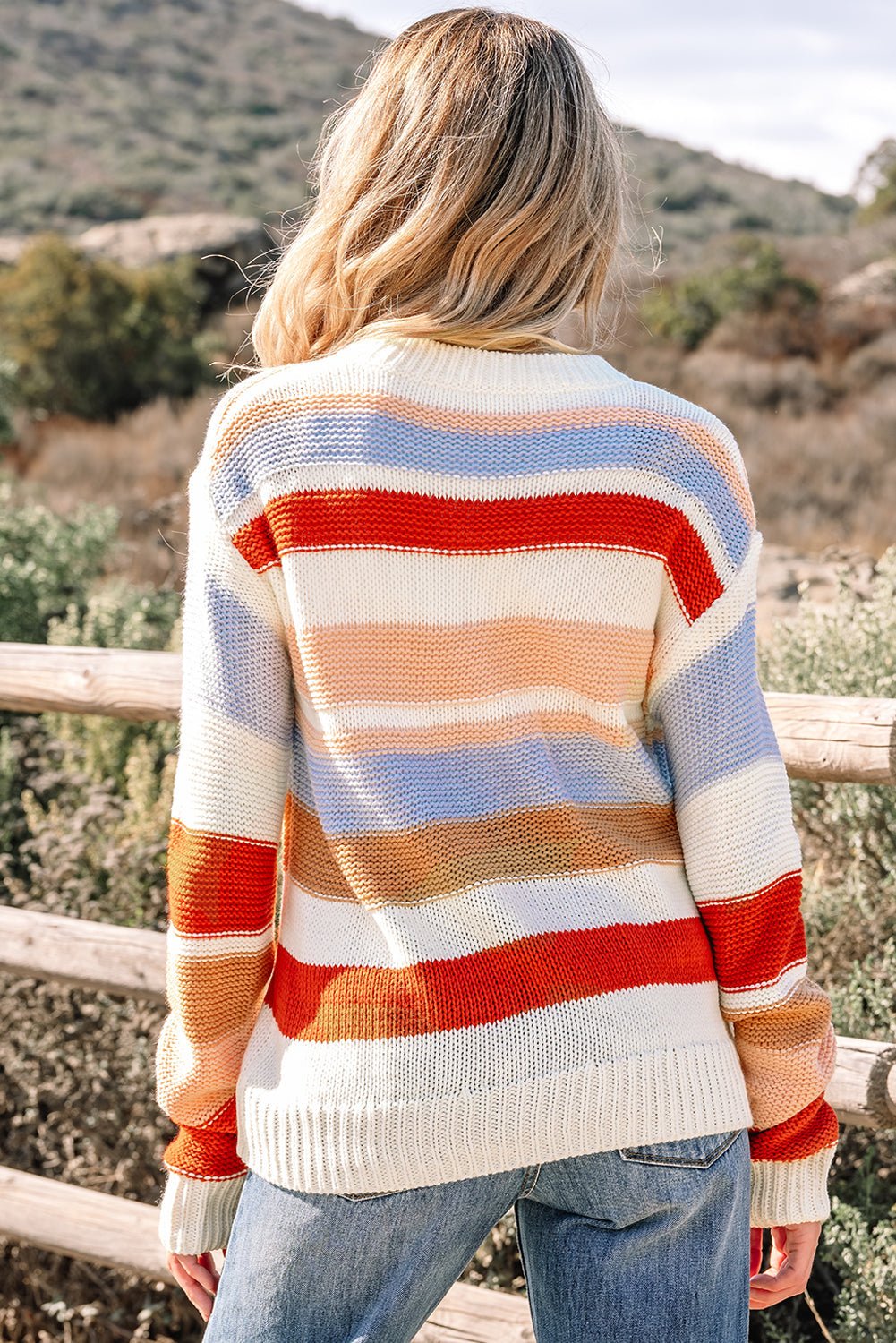 Stripe Colorblock Round Neck Drop Shoulder Sweater - Rooted & Reckless Co.