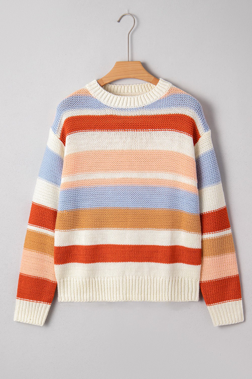 Stripe Colorblock Round Neck Drop Shoulder Sweater - Rooted & Reckless Co.