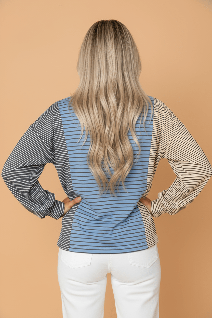 Stripe Colorblock Round Neck Long Sleeve Top - Rooted & Reckless Co.